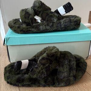 ARRAY‎ brand fur olive animal, print fuzzy slip on slippers with outdoor soles.